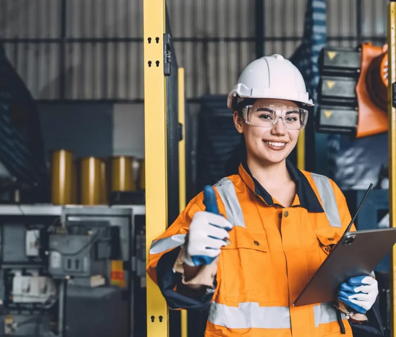 Engineer woman thumbs up working safety in modern automation factory happy smiling